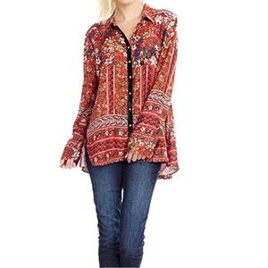 Arrata Silent Journey Button Down Top Sz S Floral Beaded Embroidered Festival